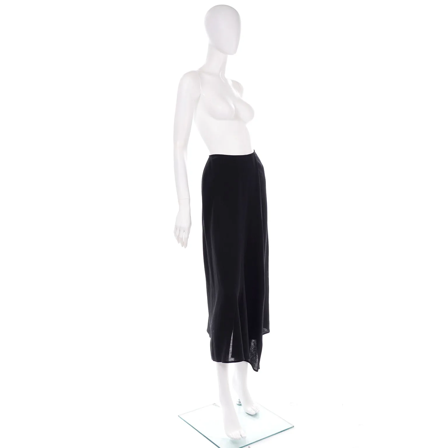 1990s Emanuel Ungro Black Wool Crepe Faux Wrap Midi Skirt