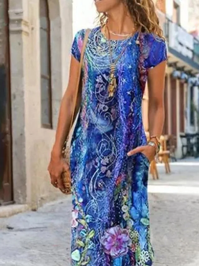 A Line Dress Maxi long Dress Blue Short Sleeve Floral Pocket Print Summer Round Neck Casual  S M L XL XXL 3XL for Women
