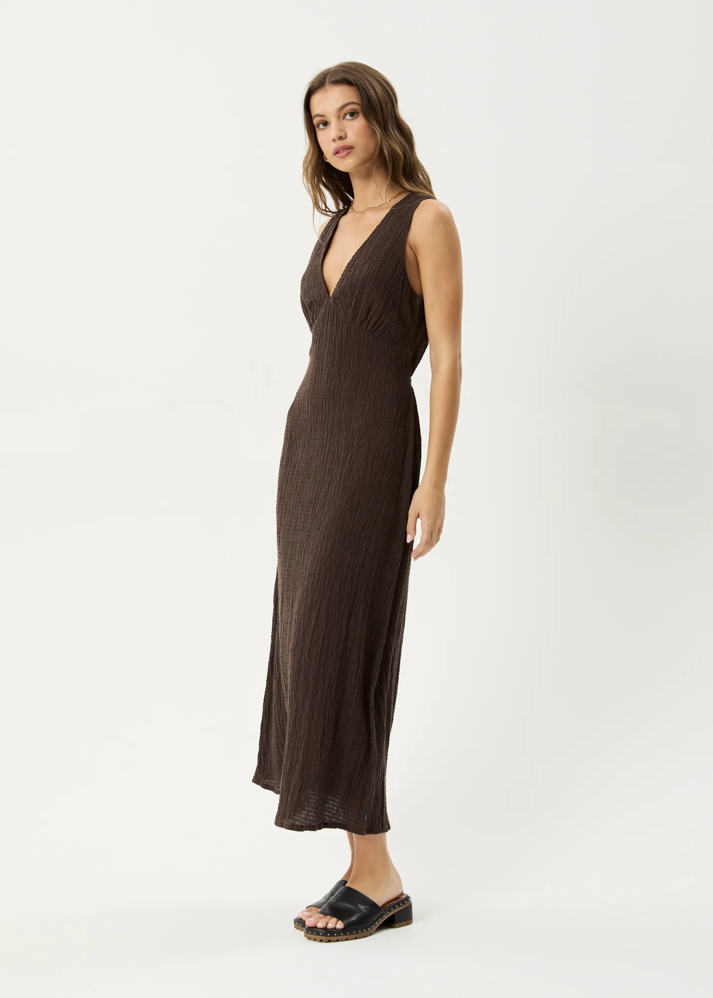 AFENDS Womens Focus - Seersucker Maxi Dress - Coffee