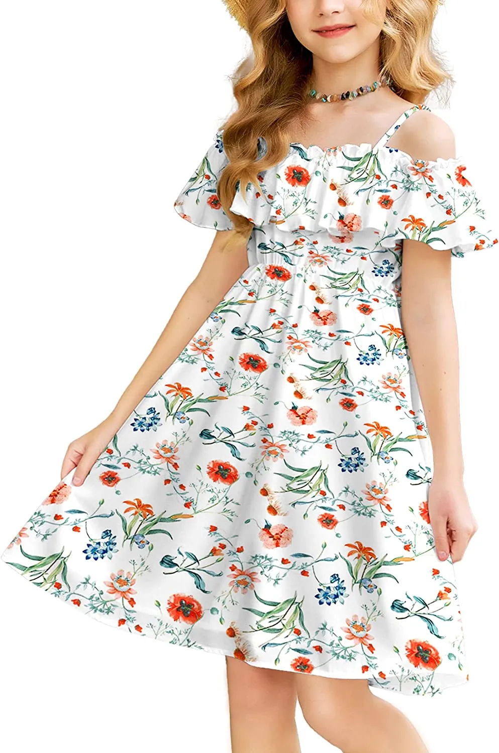 Arshiner Girls Summer Floral Ruffle Sundress Cold Shoulder Casual Dresses