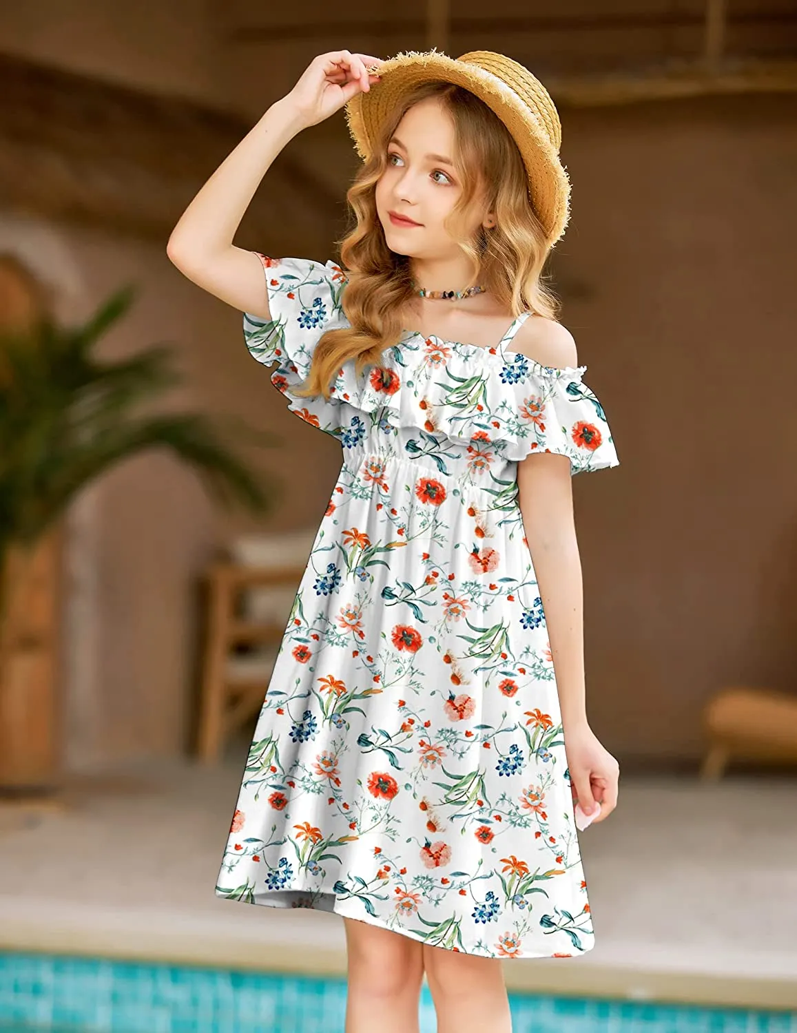 Arshiner Girls Summer Floral Ruffle Sundress Cold Shoulder Casual Dresses