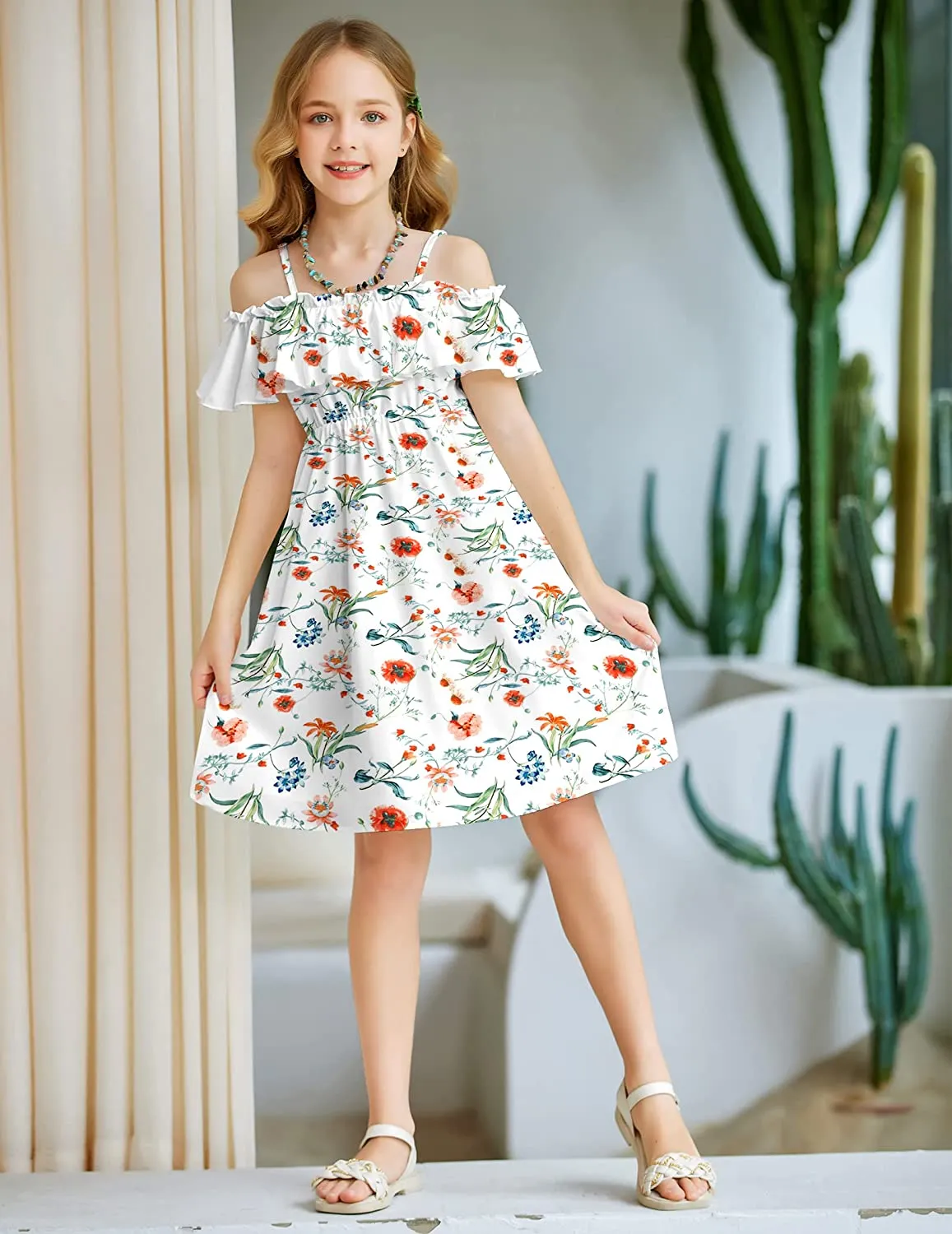Arshiner Girls Summer Floral Ruffle Sundress Cold Shoulder Casual Dresses