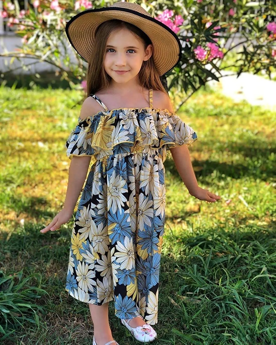 Arshiner Girls Summer Floral Ruffle Sundress Cold Shoulder Casual Dresses
