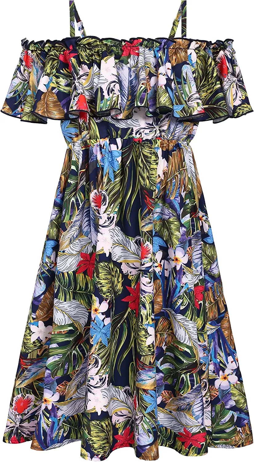 Arshiner Girls Summer Floral Ruffle Sundress Cold Shoulder Casual Dresses