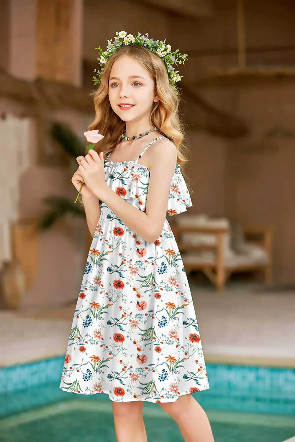 Arshiner Girls Summer Floral Ruffle Sundress Cold Shoulder Casual Dresses