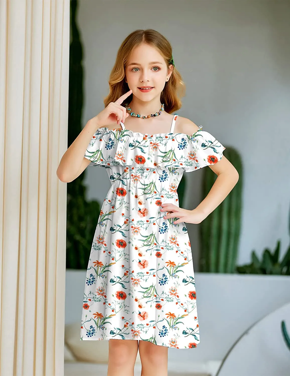 Arshiner Girls Summer Floral Ruffle Sundress Cold Shoulder Casual Dresses