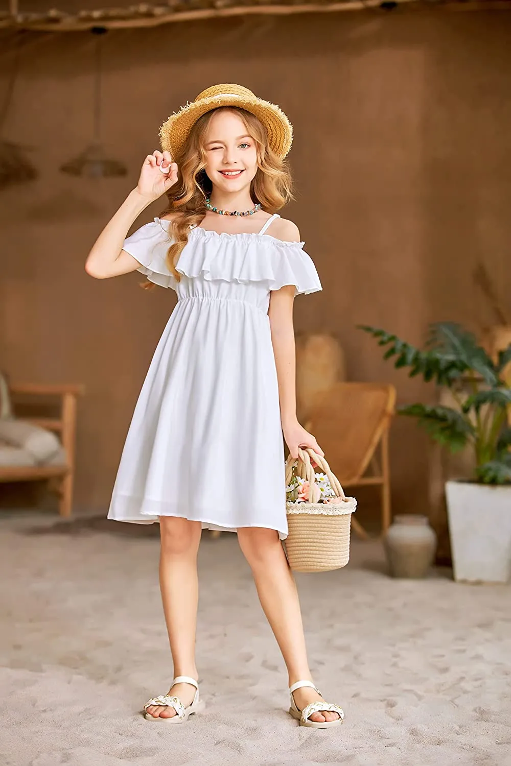 Arshiner Girls Summer Floral Ruffle Sundress Cold Shoulder Casual Dresses