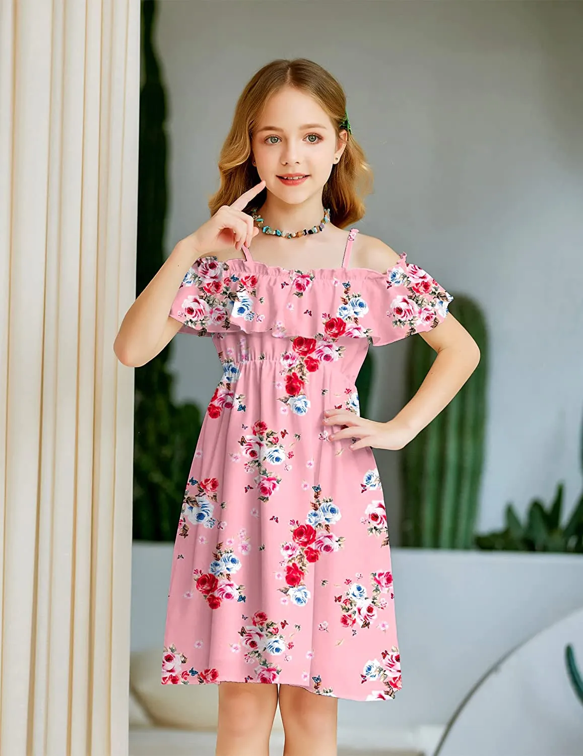 Arshiner Girls Summer Floral Ruffle Sundress Cold Shoulder Casual Dresses