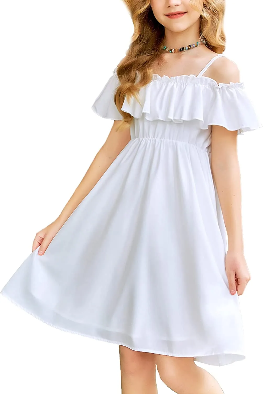 Arshiner Girls Summer Floral Ruffle Sundress Cold Shoulder Casual Dresses
