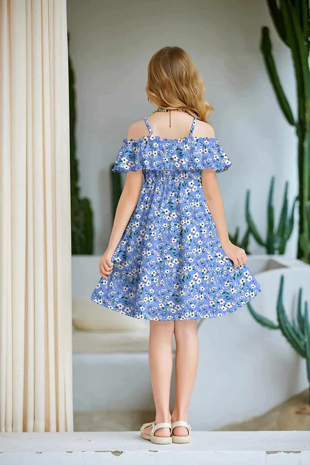 Arshiner Girls Summer Floral Ruffle Sundress Cold Shoulder Casual Dresses