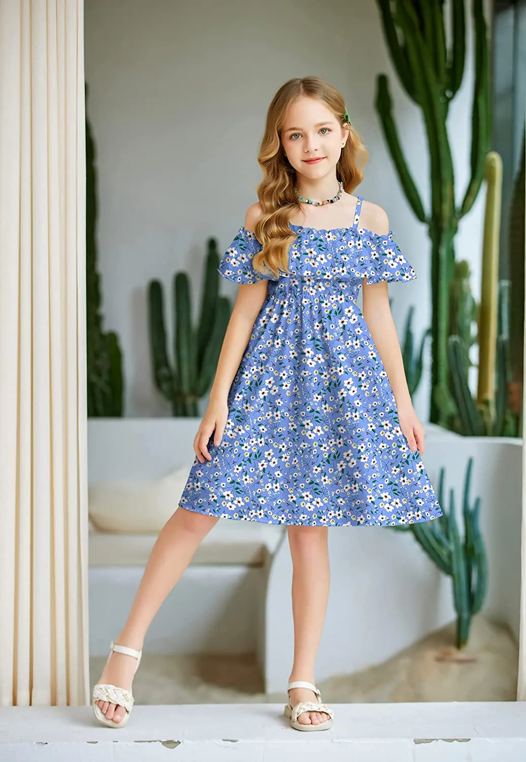 Arshiner Girls Summer Floral Ruffle Sundress Cold Shoulder Casual Dresses