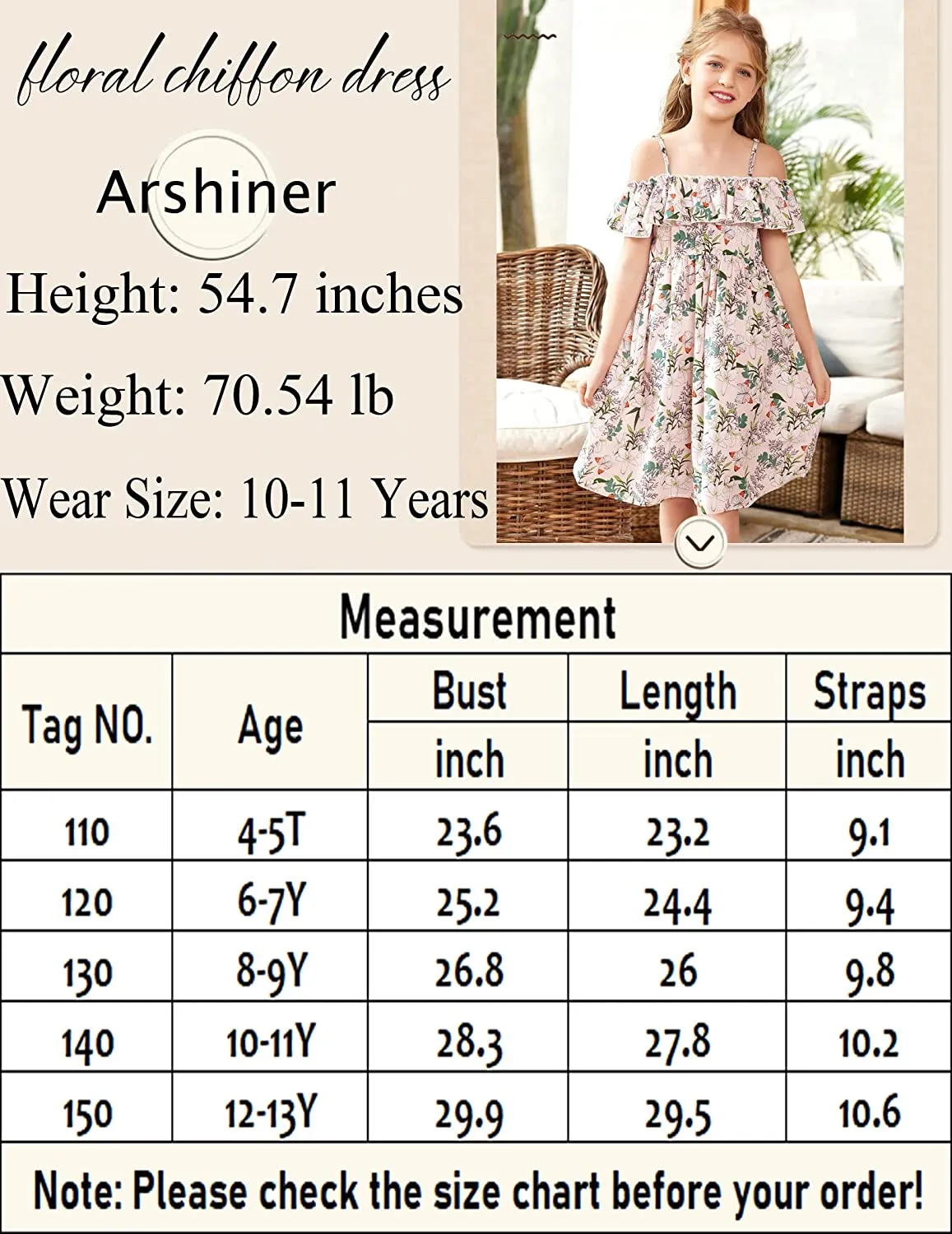 Arshiner Girls Summer Floral Ruffle Sundress Cold Shoulder Casual Dresses