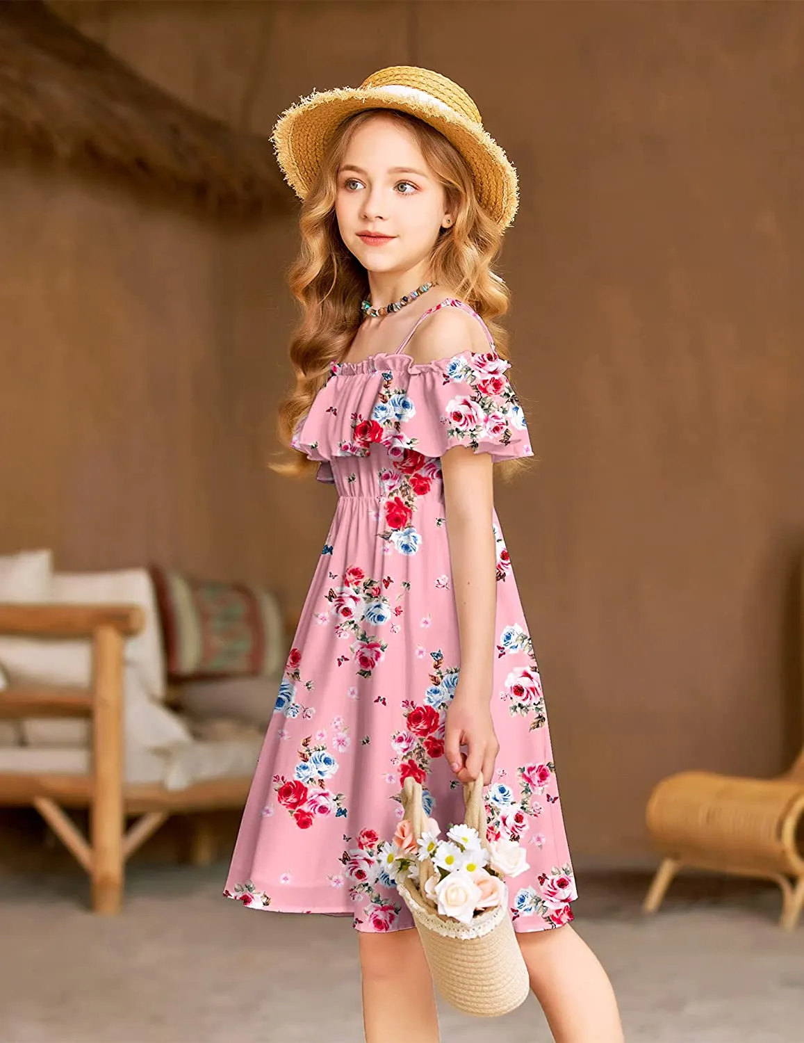 Arshiner Girls Summer Floral Ruffle Sundress Cold Shoulder Casual Dresses