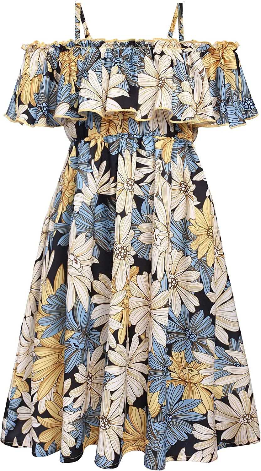 Arshiner Girls Summer Floral Ruffle Sundress Cold Shoulder Casual Dresses