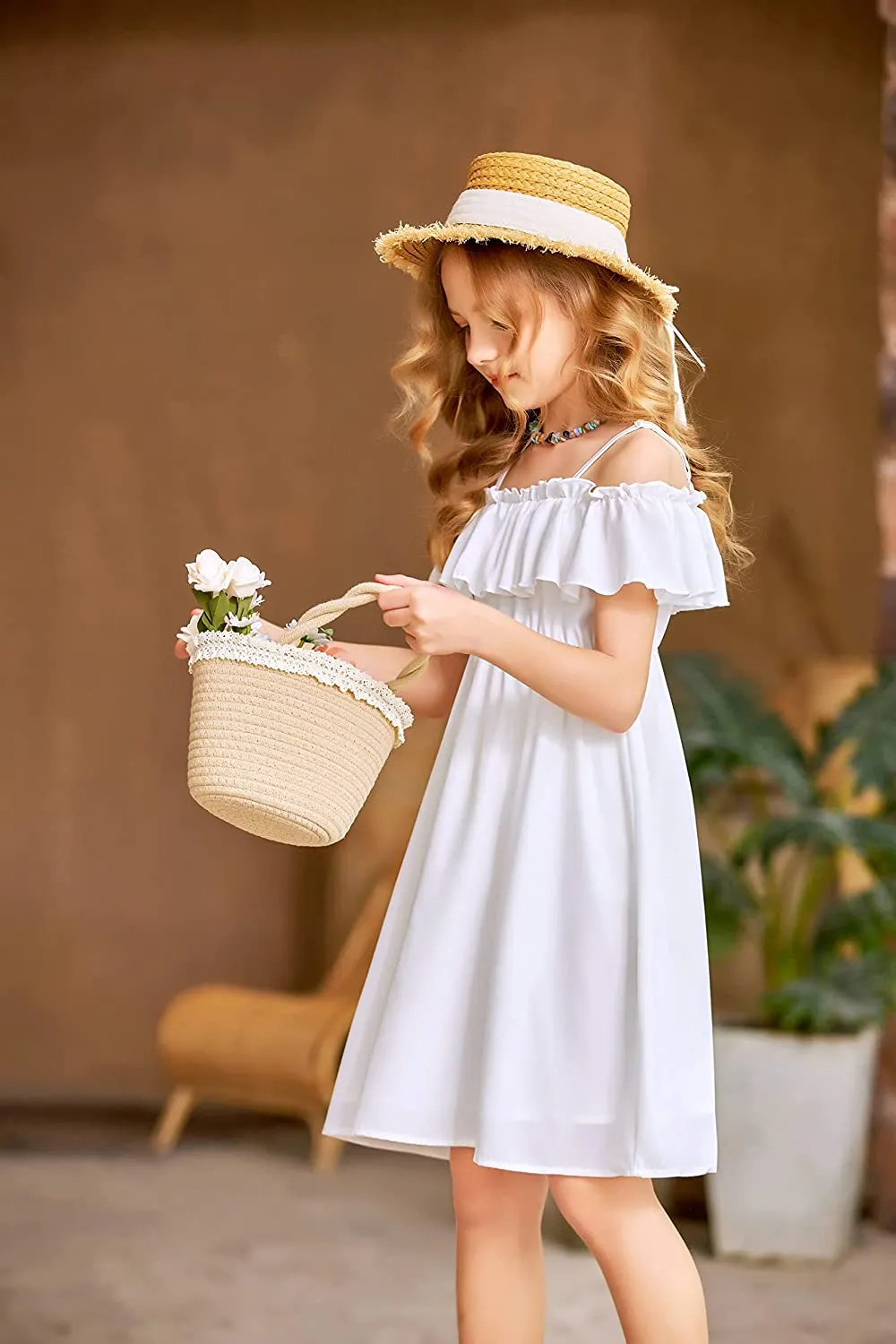 Arshiner Girls Summer Floral Ruffle Sundress Cold Shoulder Casual Dresses