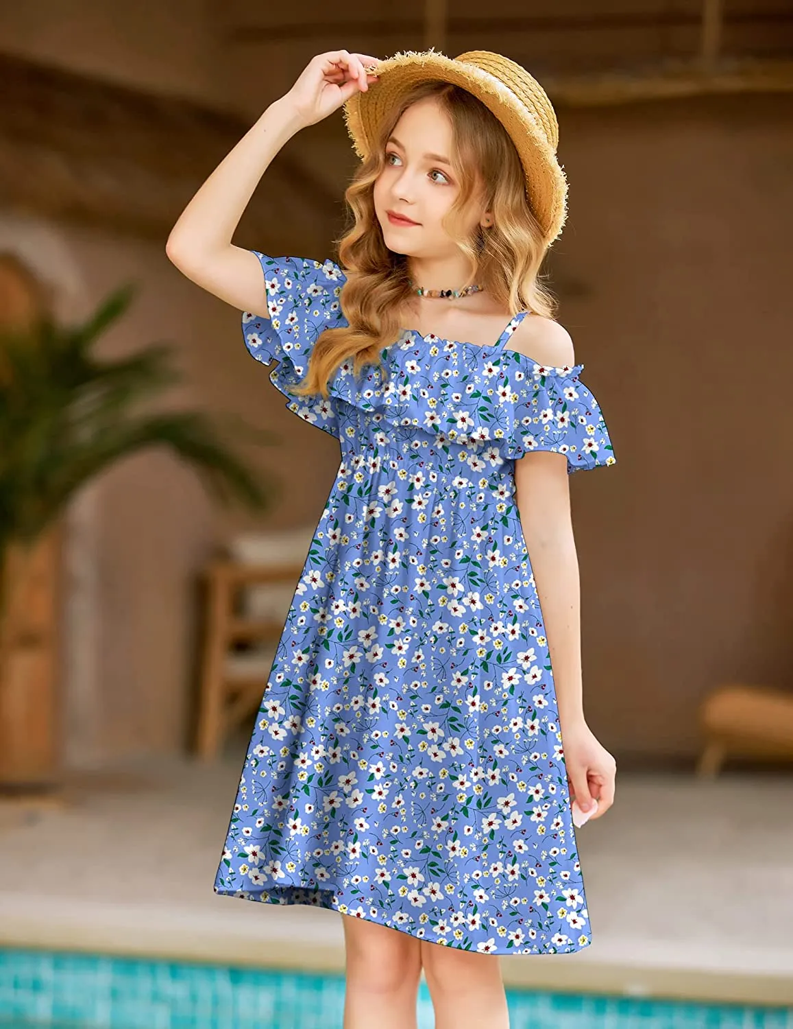 Arshiner Girls Summer Floral Ruffle Sundress Cold Shoulder Casual Dresses