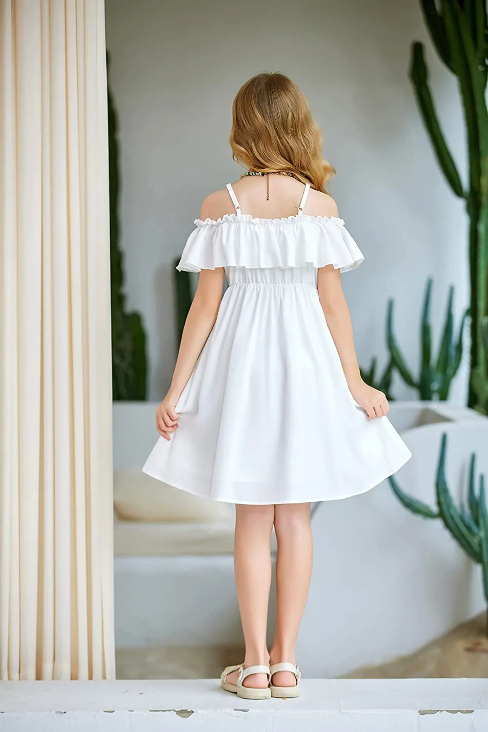 Arshiner Girls Summer Floral Ruffle Sundress Cold Shoulder Casual Dresses
