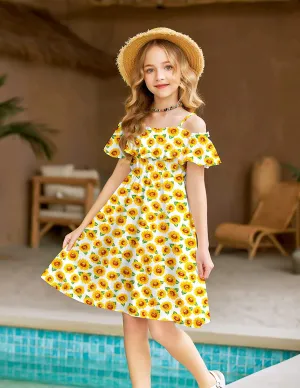 Arshiner Girls Summer Floral Ruffle Sundress Cold Shoulder Casual Dresses