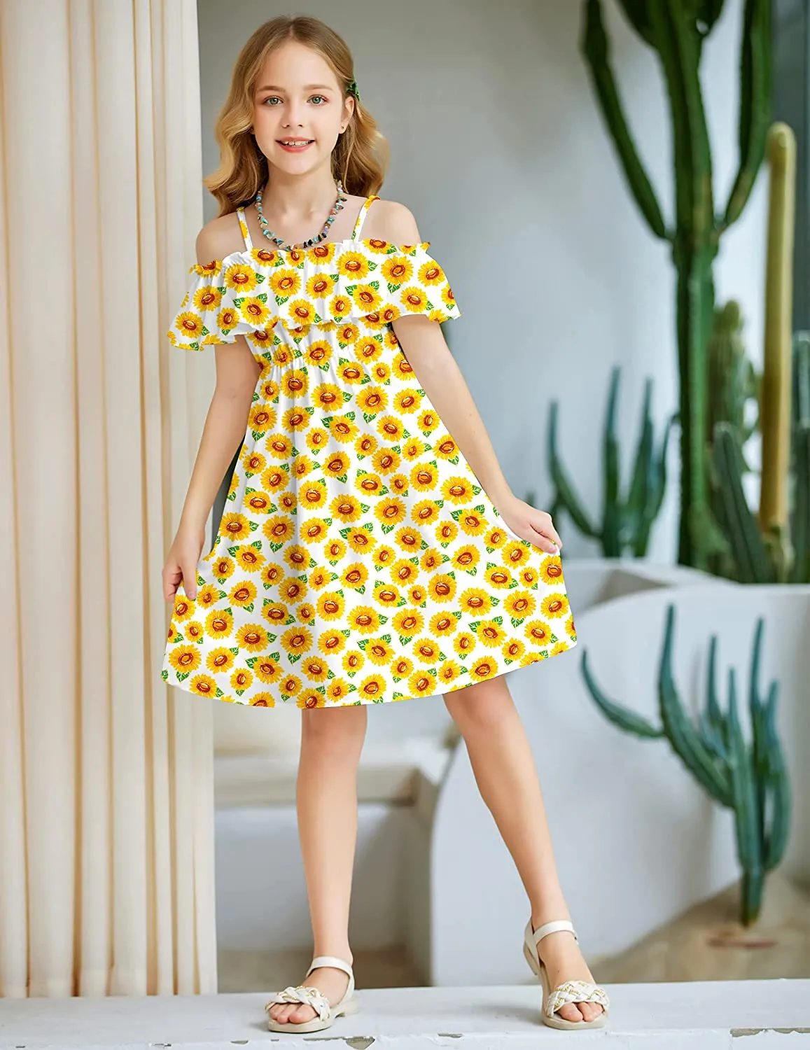 Arshiner Girls Summer Floral Ruffle Sundress Cold Shoulder Casual Dresses