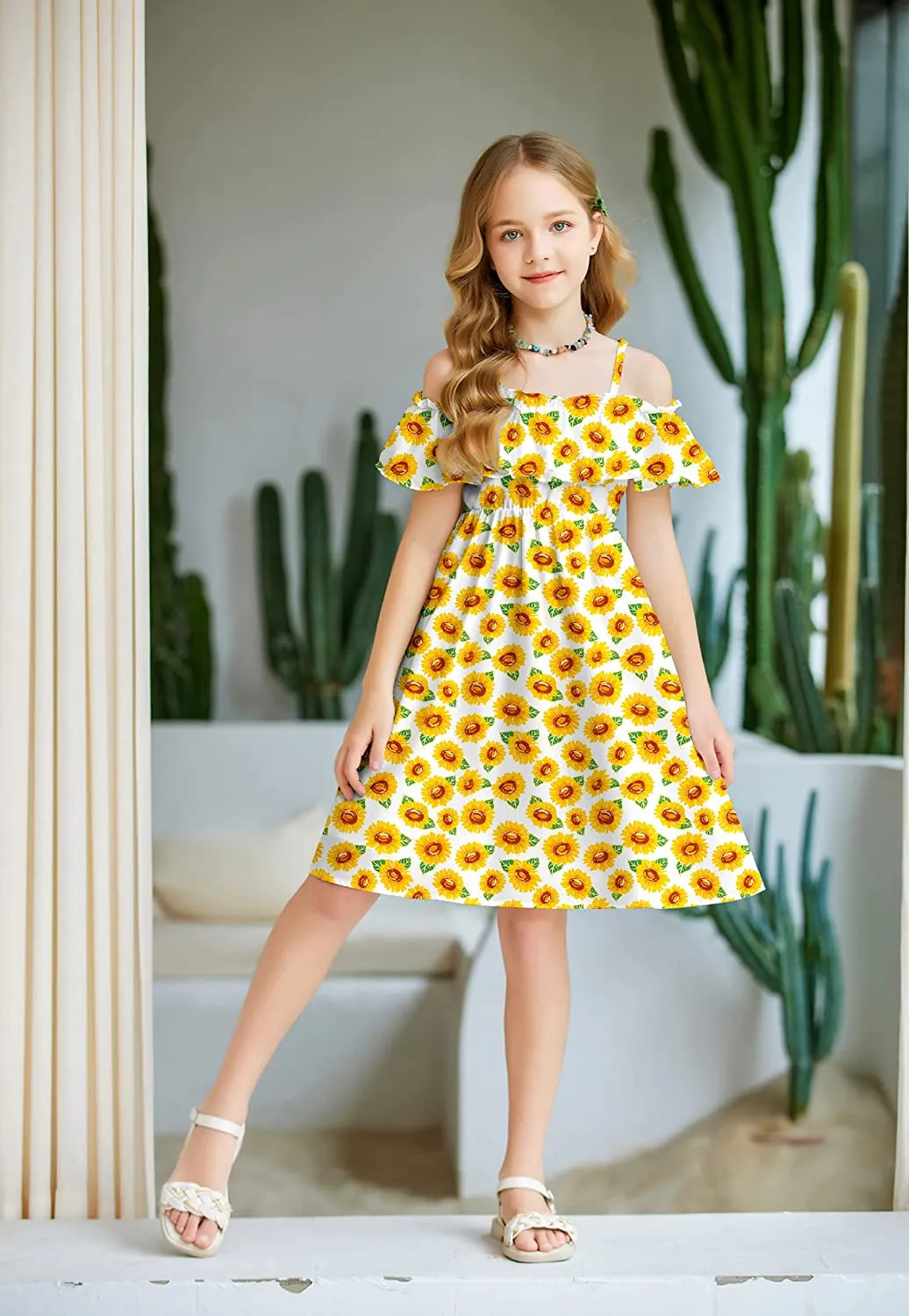 Arshiner Girls Summer Floral Ruffle Sundress Cold Shoulder Casual Dresses