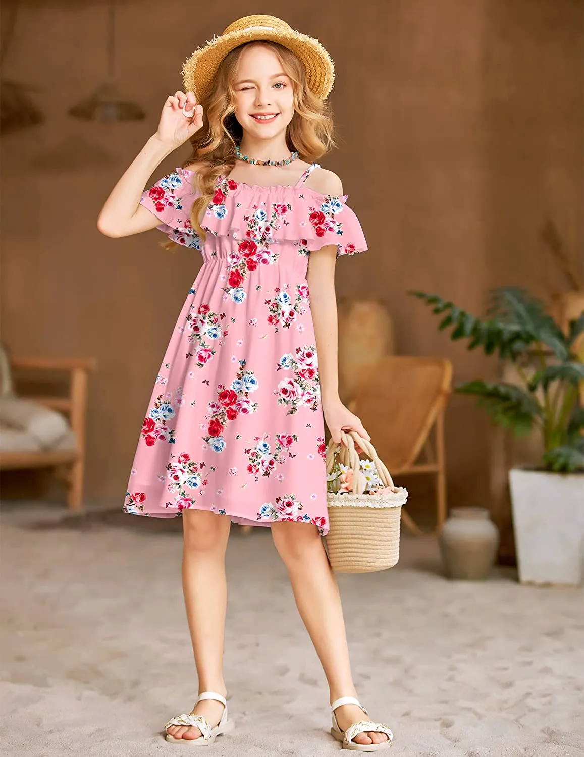 Arshiner Girls Summer Floral Ruffle Sundress Cold Shoulder Casual Dresses