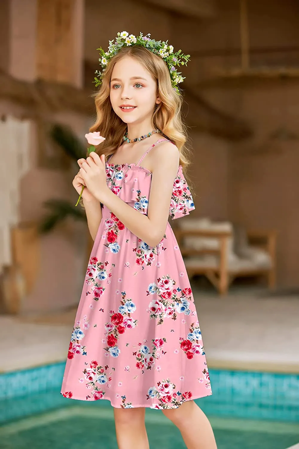 Arshiner Girls Summer Floral Ruffle Sundress Cold Shoulder Casual Dresses
