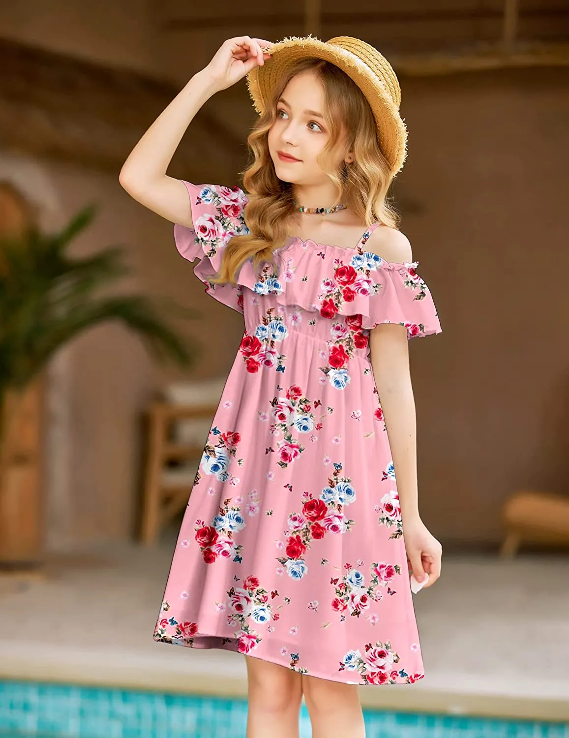 Arshiner Girls Summer Floral Ruffle Sundress Cold Shoulder Casual Dresses