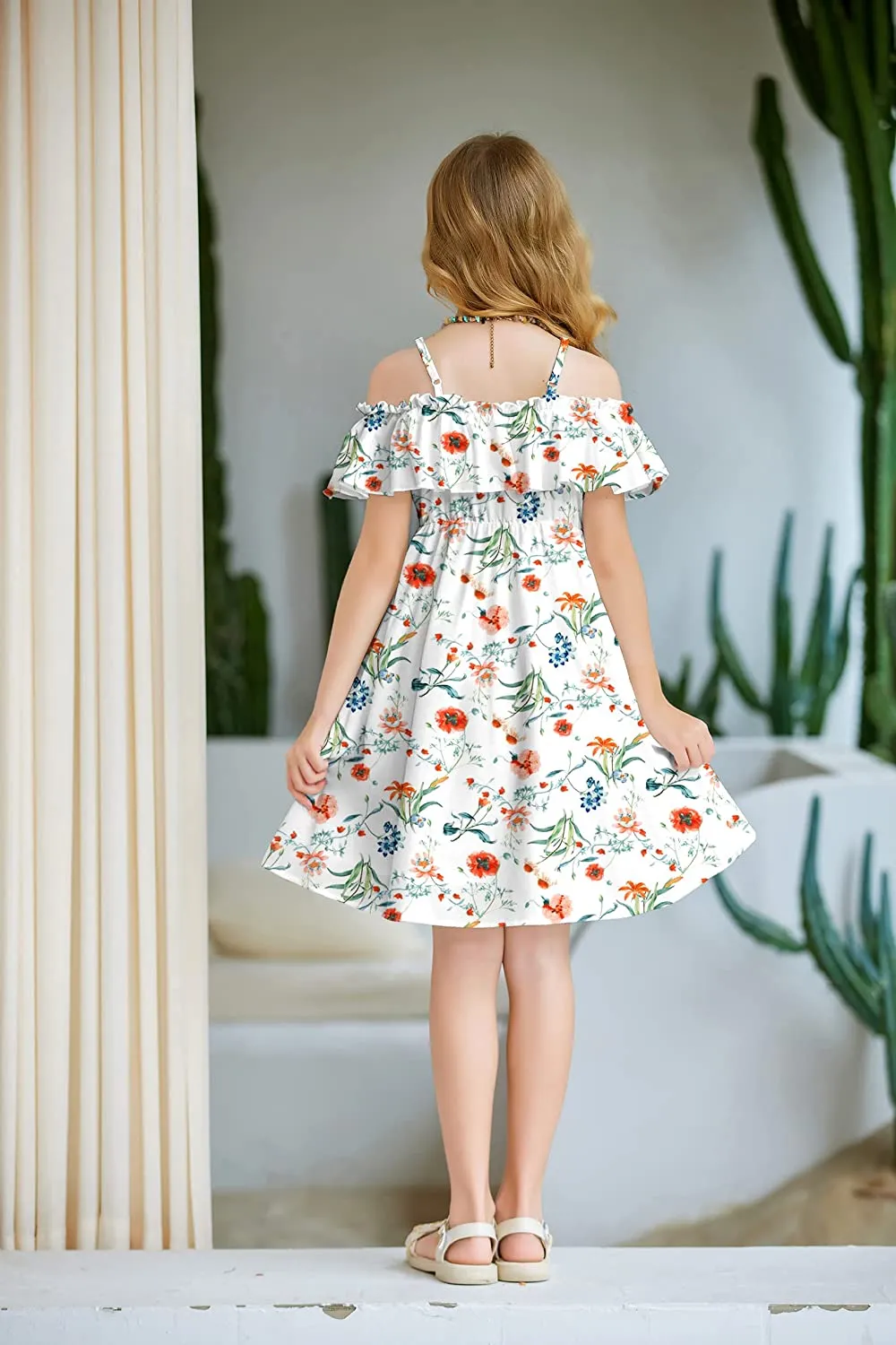 Arshiner Girls Summer Floral Ruffle Sundress Cold Shoulder Casual Dresses