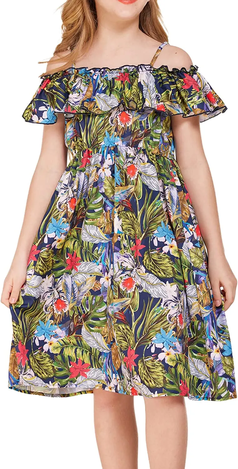 Arshiner Girls Summer Floral Ruffle Sundress Cold Shoulder Casual Dresses