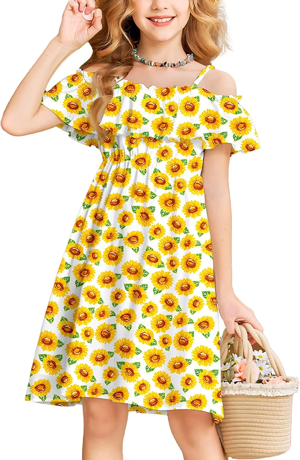 Arshiner Girls Summer Floral Ruffle Sundress Cold Shoulder Casual Dresses