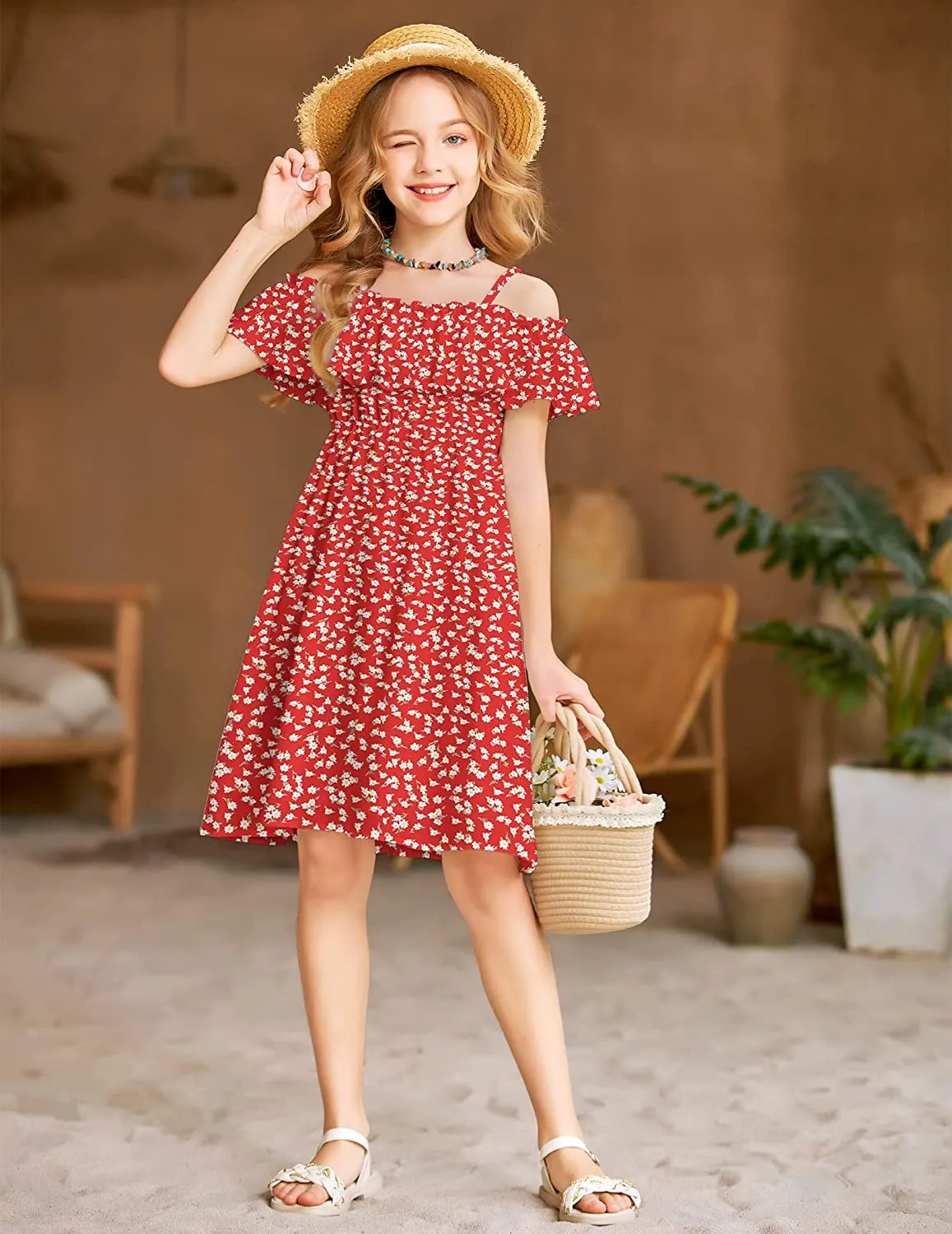 Arshiner Girls Summer Floral Ruffle Sundress Cold Shoulder Casual Dresses