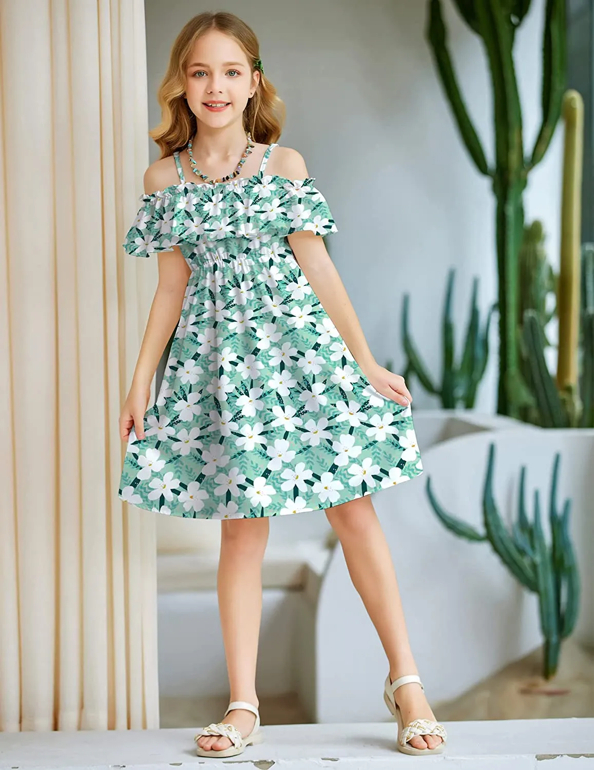 Arshiner Girls Summer Floral Ruffle Sundress Cold Shoulder Casual Dresses