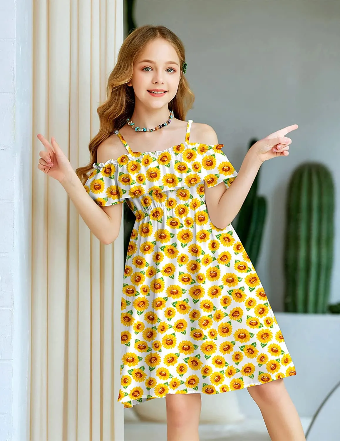 Arshiner Girls Summer Floral Ruffle Sundress Cold Shoulder Casual Dresses