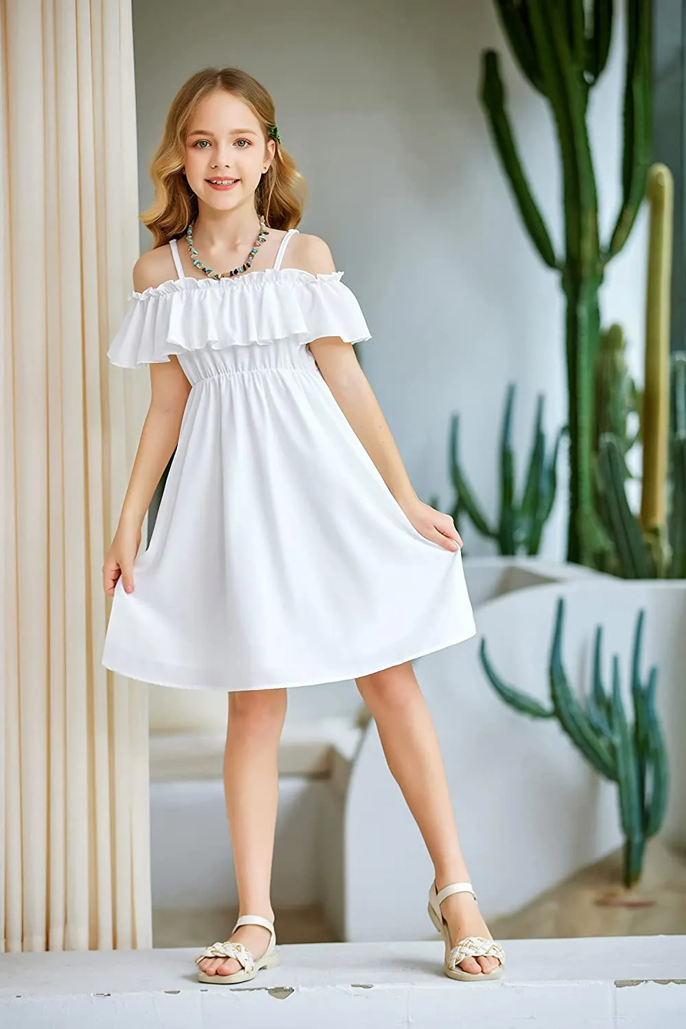 Arshiner Girls Summer Floral Ruffle Sundress Cold Shoulder Casual Dresses