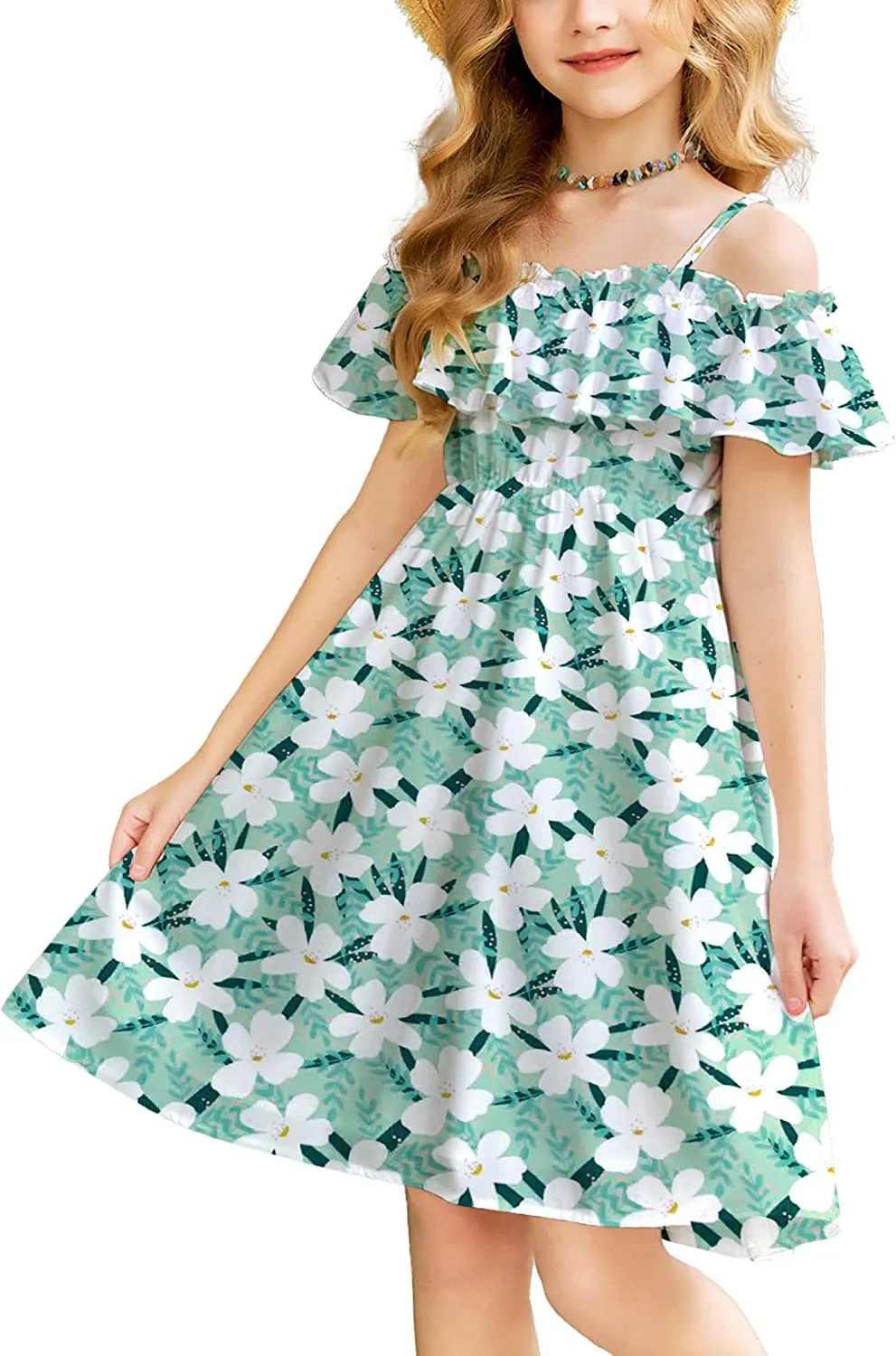 Arshiner Girls Summer Floral Ruffle Sundress Cold Shoulder Casual Dresses