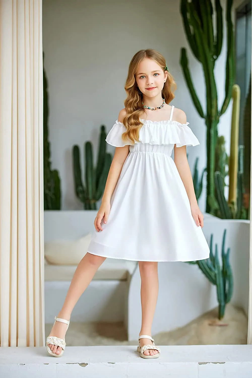 Arshiner Girls Summer Floral Ruffle Sundress Cold Shoulder Casual Dresses