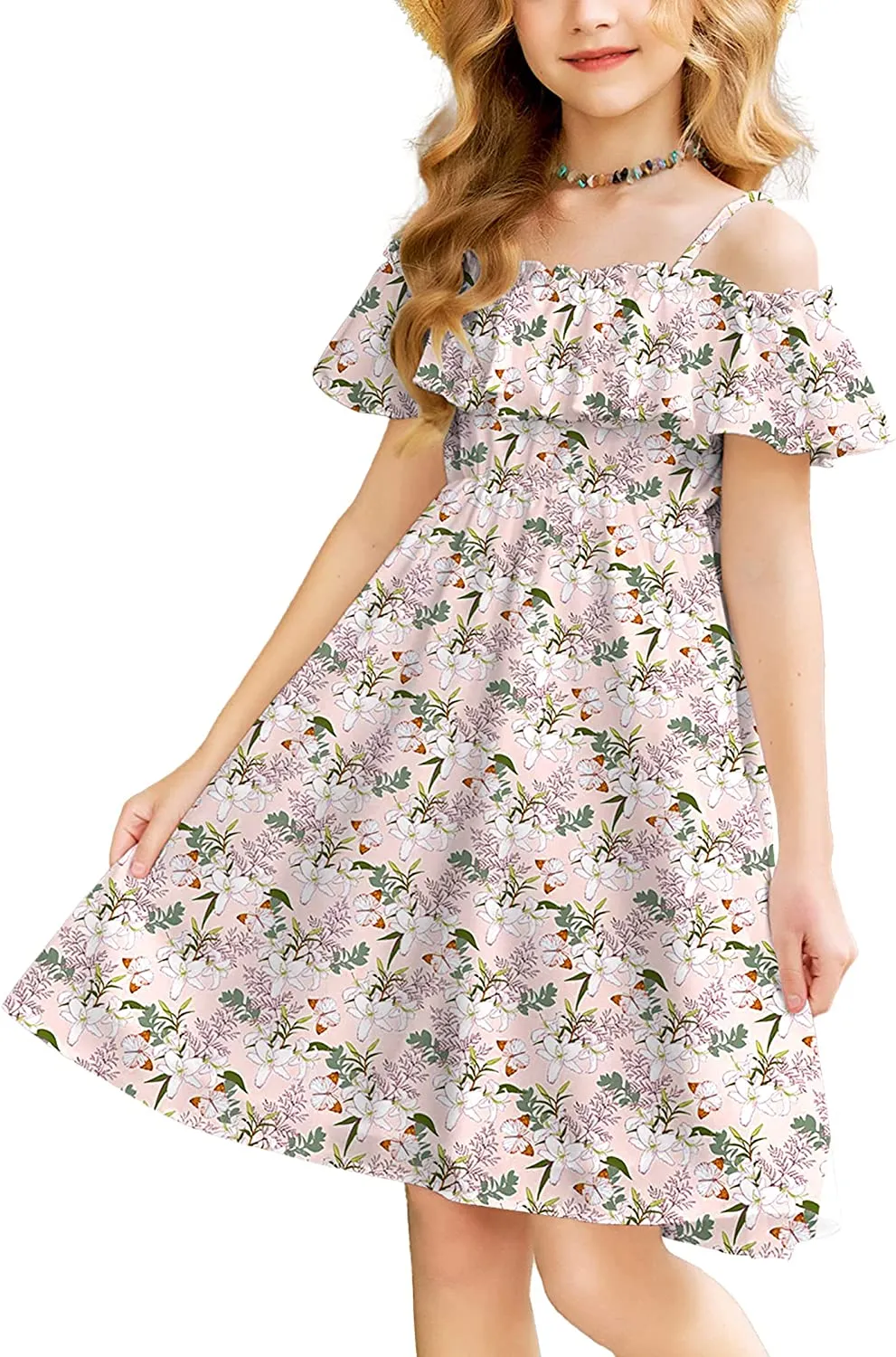 Arshiner Girls Summer Floral Ruffle Sundress Cold Shoulder Casual Dresses