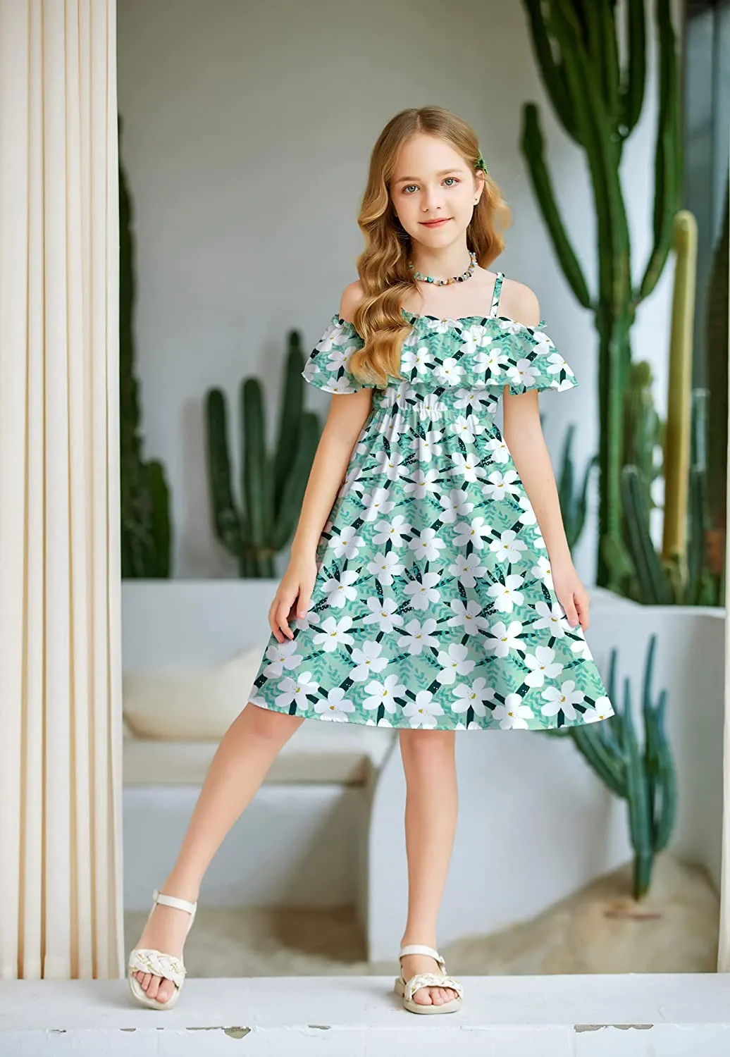 Arshiner Girls Summer Floral Ruffle Sundress Cold Shoulder Casual Dresses