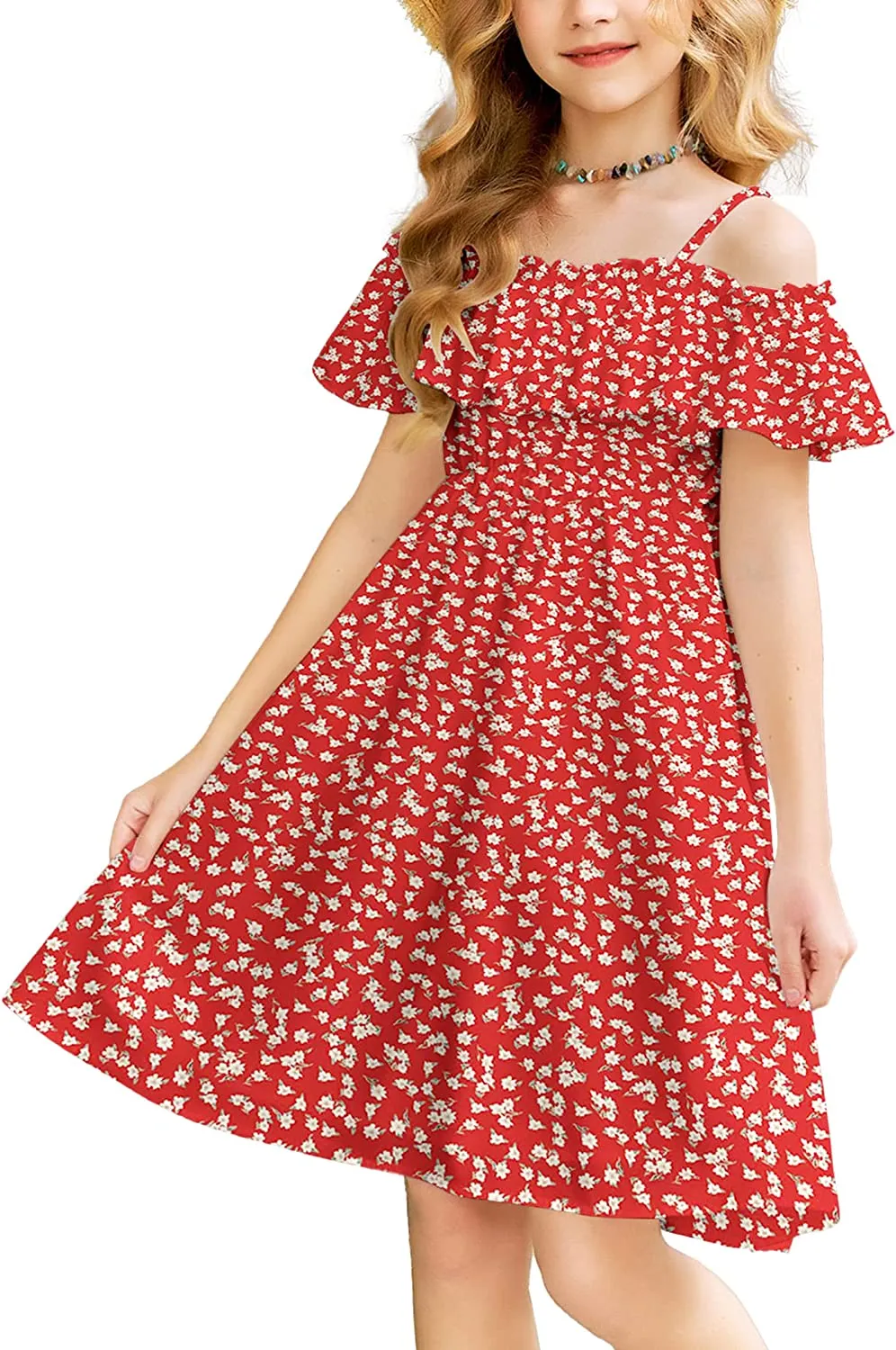 Arshiner Girls Summer Floral Ruffle Sundress Cold Shoulder Casual Dresses