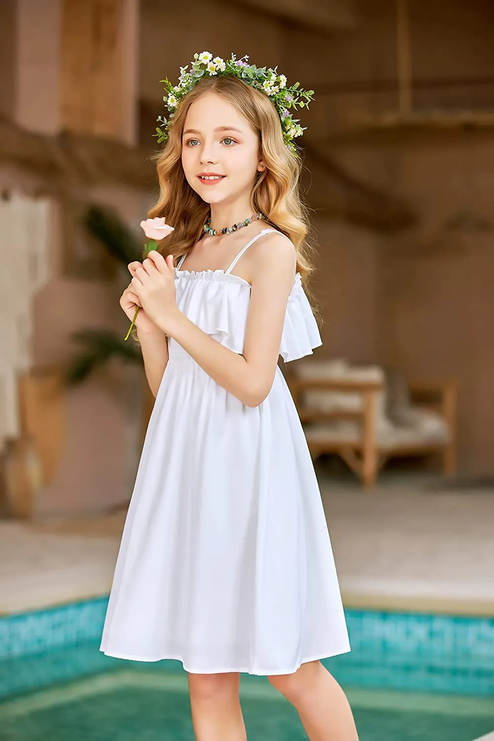 Arshiner Girls Summer Floral Ruffle Sundress Cold Shoulder Casual Dresses