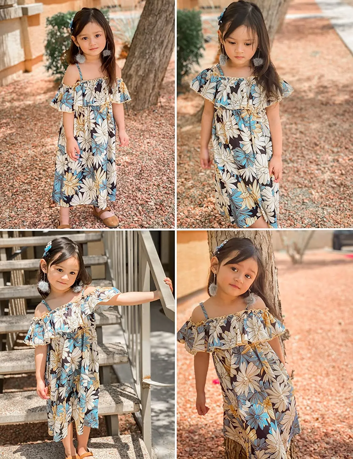 Arshiner Girls Summer Floral Ruffle Sundress Cold Shoulder Casual Dresses