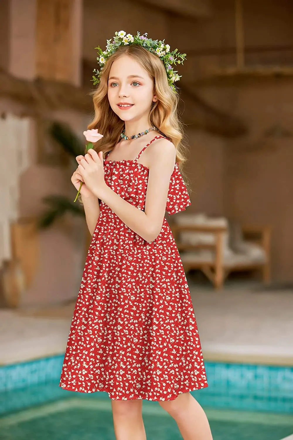 Arshiner Girls Summer Floral Ruffle Sundress Cold Shoulder Casual Dresses
