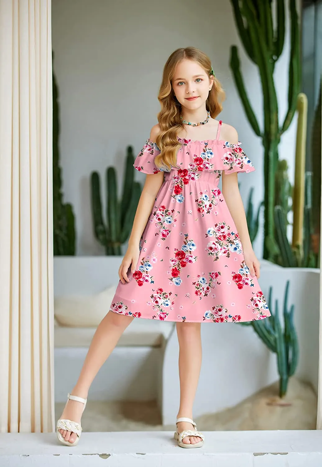 Arshiner Girls Summer Floral Ruffle Sundress Cold Shoulder Casual Dresses