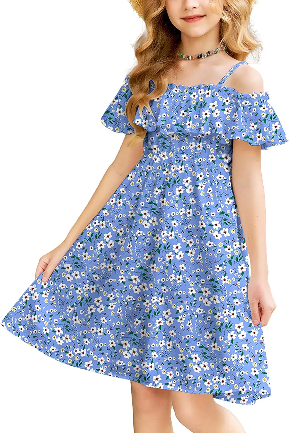 Arshiner Girls Summer Floral Ruffle Sundress Cold Shoulder Casual Dresses