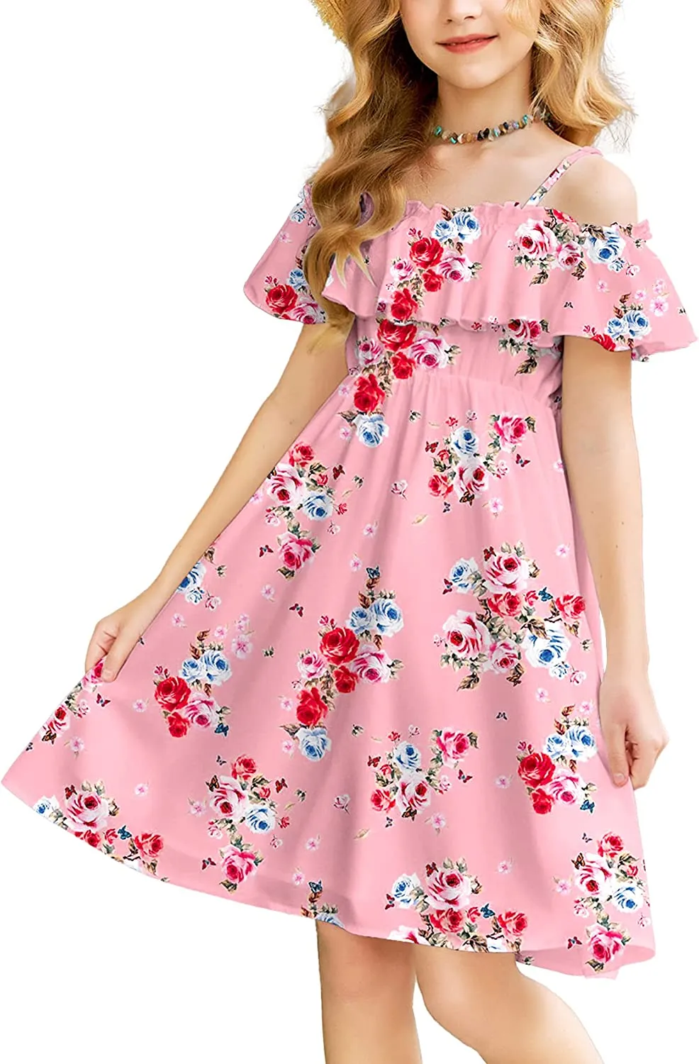 Arshiner Girls Summer Floral Ruffle Sundress Cold Shoulder Casual Dresses