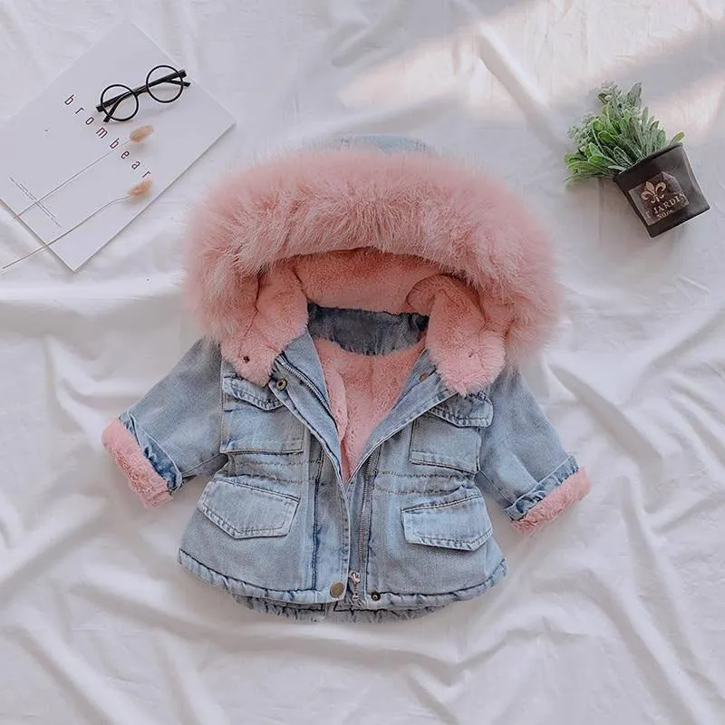 Baby Girls Coats Winter Denim Jackets With Fur Hooded