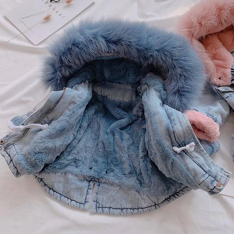 Baby Girls Coats Winter Denim Jackets With Fur Hooded