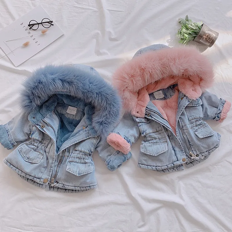 Baby Girls Coats Winter Denim Jackets With Fur Hooded
