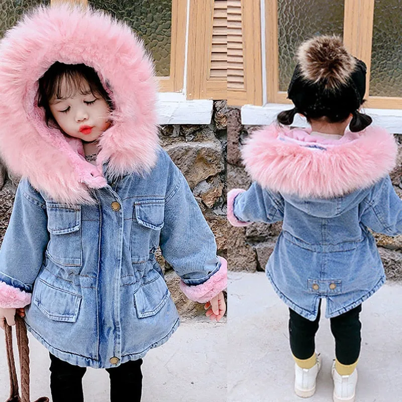 Baby Girls Coats Winter Denim Jackets With Fur Hooded