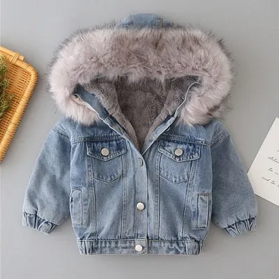 Baby Girls Coats Winter Denim Jackets With Fur Hooded
